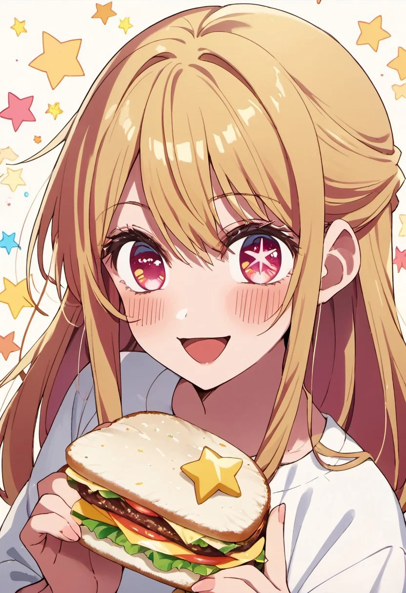 score_9, score_8_up, score_7_up, source_anime, hoshino ruby, blonde hair, long hair, pink eyes, symbol-shaped pupils, star (symbol), 1girl, solo, food, blush, sandwich, smile, open mouth, holding, white shirt, looking at viewer
