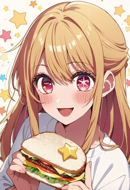 score_9, score_8_up, score_7_up, source_anime, hoshino ruby, blonde hair, long hair, pink eyes, symbol-shaped pupils, star (symbol), 1girl, solo, food, blush, sandwich, smile, open mouth, holding, white shirt, looking at viewer
