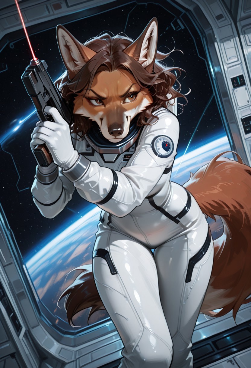 highly detailed, best quality, masterpiece, detailed background, detailed fur, detailed eyes, 1 anthro maned wolf woman, Denebra, brown hair, redish brown fur, dark brown ears, amber brown eyes, long fluffy tail, older woman, mature, white bodysuit, spacesuit, holding laser pistol, sci-fi pistol,
Floating, weightless, serious expression, dynamic pose,
futuristic background, outer space, space station,
close up, 
Variety,