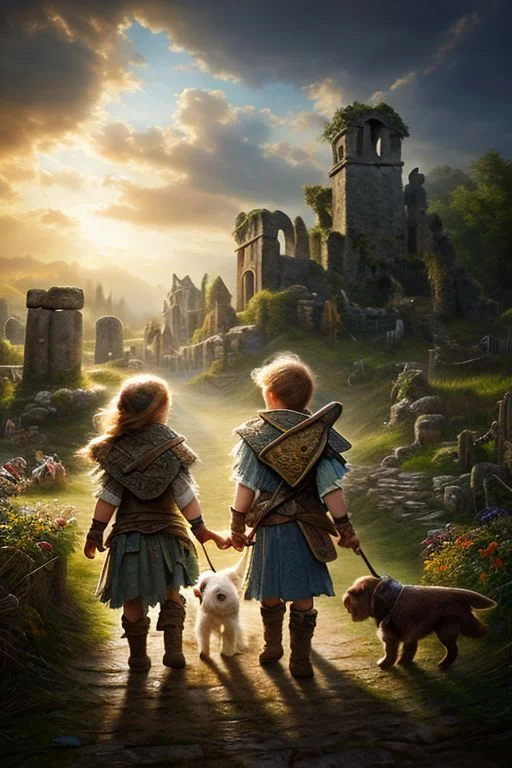 Masterpiece, closeup, hd, 8K, Fantasy art, award winning drawing of a two kids and a dog entering in a harvest festival, rugged clothes, ancient ruins in backround back view, intricate details,