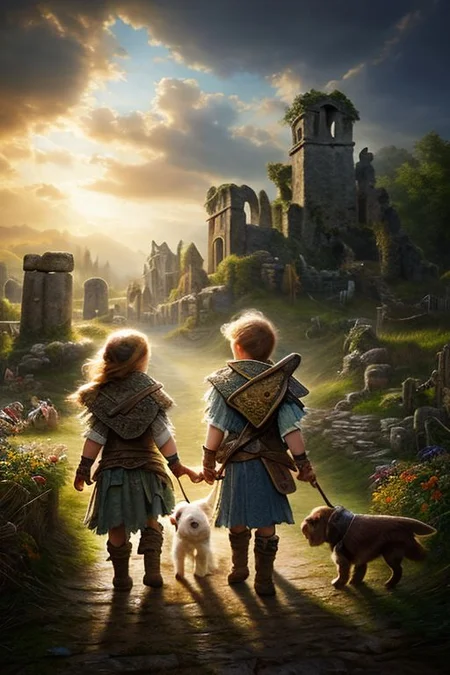 Masterpiece, closeup, hd, 8K, Fantasy art, award winning drawing of a two kids and a dog entering in a harvest festival, rugged clothes, ancient ruins in backround back view, intricate details,