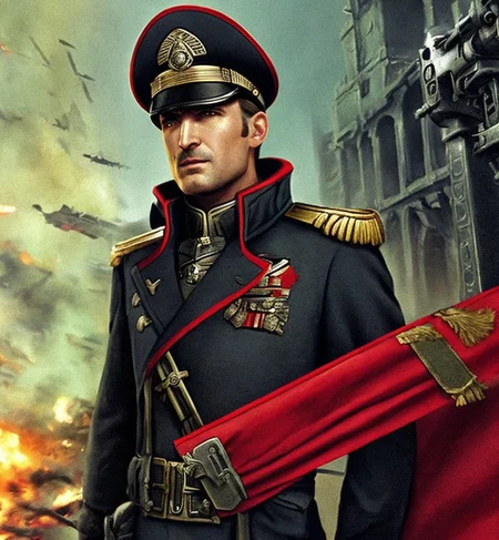 commissar, a man on the battlefield, shouts, (art), evil face <hypernet:Commissar:1>