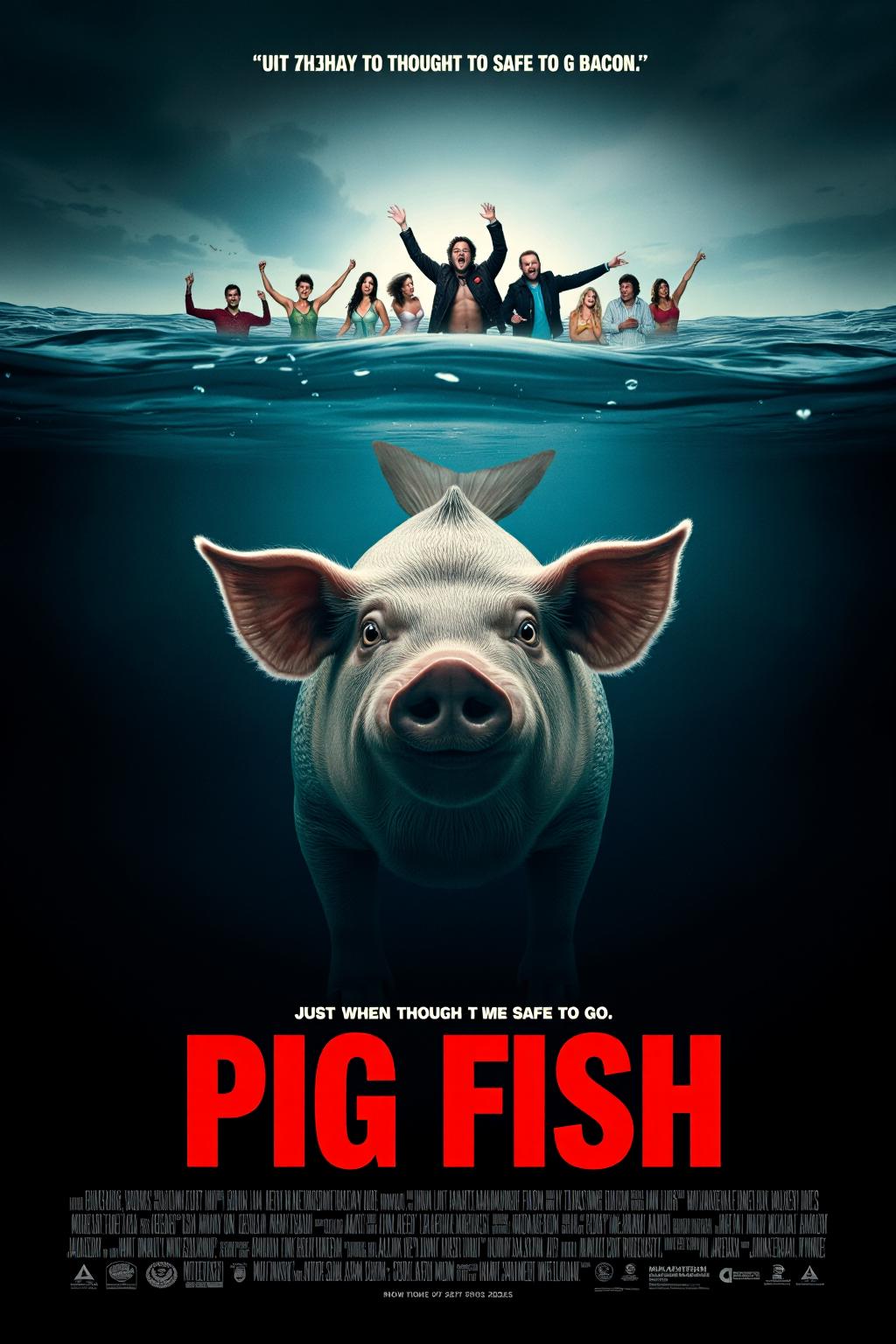 mvpstr. Epic Movie poster titled "Pig Fish," featuring a large, comical creature that is half-pig, half-fish, swimming menacingly beneath the water's surface. The creature has the head and snout of a pig, with fish scales and a long fish tail, and its eyes gleam with mischievous intent. Above, a group of horrified beachgoers scream and point at the water, with the tagline, "Just when you thought it was safe to go bacon!" The poster design mimics classic horror movie posters, with dark ocean blues and bold red lettering, capturing a suspenseful but humorous mood. Dramatic lighting, vintage horror film style, and a slight grainy film texture. <lora:schnell_v1.0:1.0> <lora:EpicMoviePoster-000015:1.0><lora:783025490995896711:0>