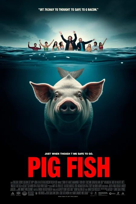 mvpstr. Epic Movie poster titled "Pig Fish," featuring a large, comical creature that is half-pig, half-fish, swimming menacingly beneath the water's surface. The creature has the head and snout of a pig, with fish scales and a long fish tail, and its eyes gleam with mischievous intent. Above, a group of horrified beachgoers scream and point at the water, with the tagline, "Just when you thought it was safe to go bacon!" The poster design mimics classic horror movie posters, with dark ocean blues and bold red lettering, capturing a suspenseful but humorous mood. Dramatic lighting, vintage horror film style, and a slight grainy film texture. <lora:schnell_v1.0:1.0> <lora:EpicMoviePoster-000015:1.0><lora:783025490995896711:0>