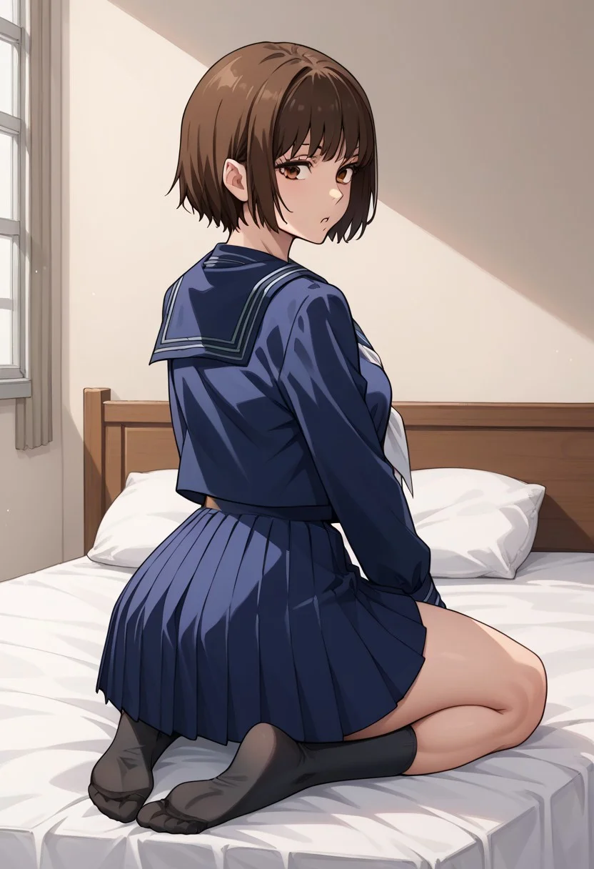 score_9_up, score_8_up, score_7_up, score_6_up, score_5_up, score_4, source_anime, 1girl, brown hair, short hair, bangs, brown eyes, school uniform, blue serafuku, sailor collar, blue skirt, pleated skirt, black socks,
solo, bedroom, sit kneeling, in bed, medium breasts, medium butt, hips, thighs, thick thighs, standing, back, full body, looking at the viewer, arched back