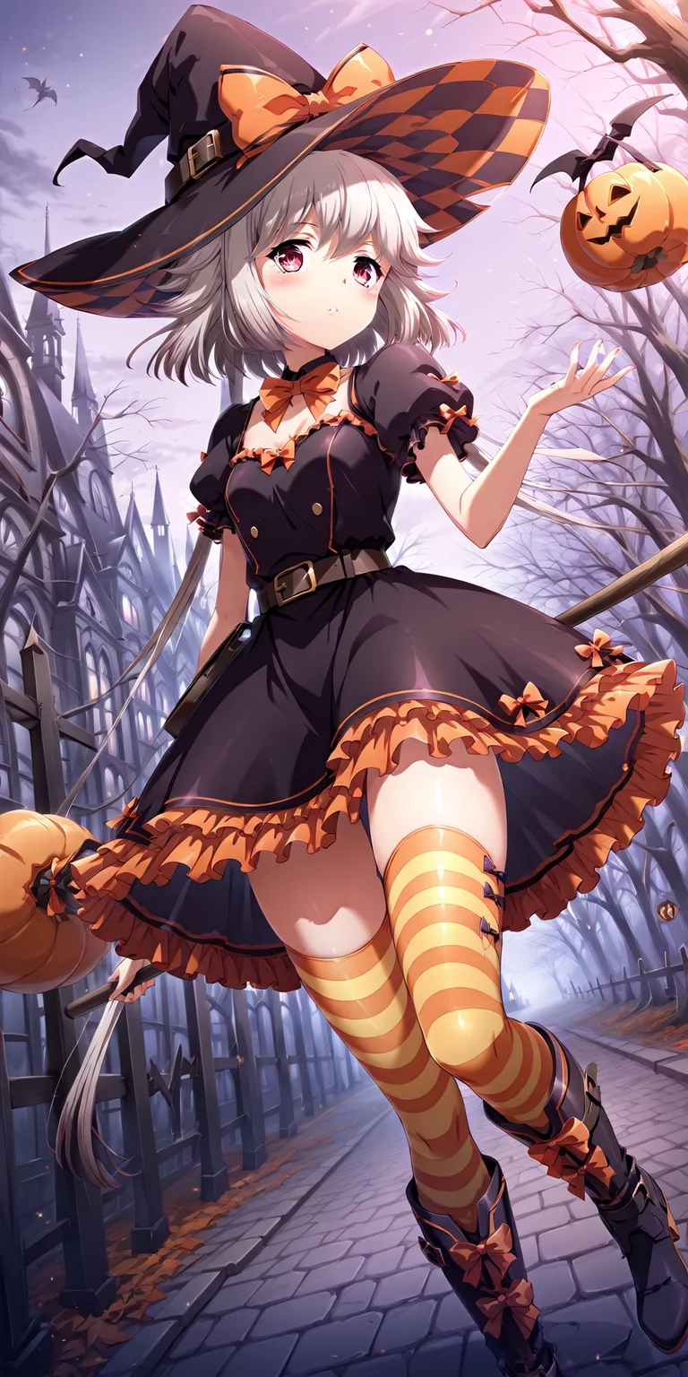 score_9,score_8,masterpiece,outdoors,1girl,solo,
<lora:Licorice - Langrisser-illustrious v1.0:1>,Outfit_Witch,witch hat,halloween dress,boots,striped thighhighs,belt,bowtie,