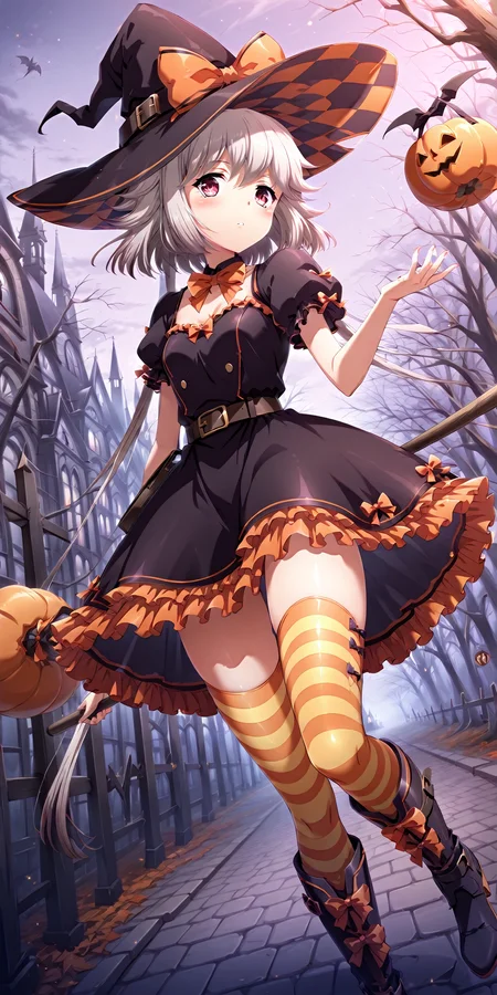 score_9,score_8,masterpiece,outdoors,1girl,solo,
<lora:Licorice - Langrisser-illustrious v1.0:1>,Outfit_Witch,witch hat,halloween dress,boots,striped thighhighs,belt,bowtie,