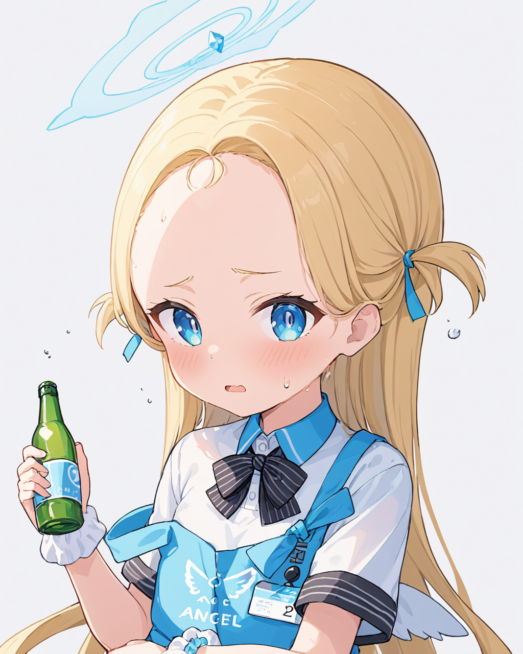 sora \(blue archive\),1girl, solo, halo, @_@, seiza, flying_sweatdrops, white_background, id_card, blue_apron, short_sleeves, forehead, simple_background, bowtie, striped_bow, black_bow, open_mouth, white_shirt, bottle, sweat, blush, collared_shirt, paper, mini_wings, wrist_scrunchie, short_eyebrows
<lora:sora_(blue_archive)_image805_2023-12-03-000015:1>halo. gorgeous,key visual, vibrant, studio anime,award-winning, professional, highly detailed,high budget, cinemascope