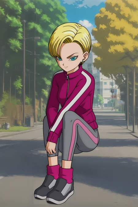 source_anime, score_9, score_8_up, score_7_up, anime screencap, high quality,
android 18, dragon ball super super hero, official style, 1girl, solo, looking at viewer, very short hair, fringe trim, blue eyes, blonde hair, jacket, full body, outdoors, sky, sneakers, black footwear, zipper, multi tone footwear, day, socks, pink legwear, tight pants, grey bottomwear, two tone pants, cloud, blue sky, sitting, tree, field, track jacket, pink jacket, grass, two tone jacket, v-shaped eyebrows, stud earrings, eyelashes
<lora:c18_pony:0.8>