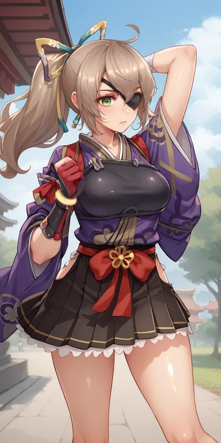 score_9, score_8_up, score_7_up, 1girl, mature female, shiny skin, <lora:Expressive_H:0.8>, <lora:Monica-10:0.8>,monica, ponytail, light brown hair, long hair, green eyes, hair ornament, japanese clothes, black skirt, solo, purple kimono, wide sleeves, ribbon hair, red ribbon, pleated skirt, single glove, eyepatch, ahoge,outdoors, park, wind, east asian architecture, arm behind head,