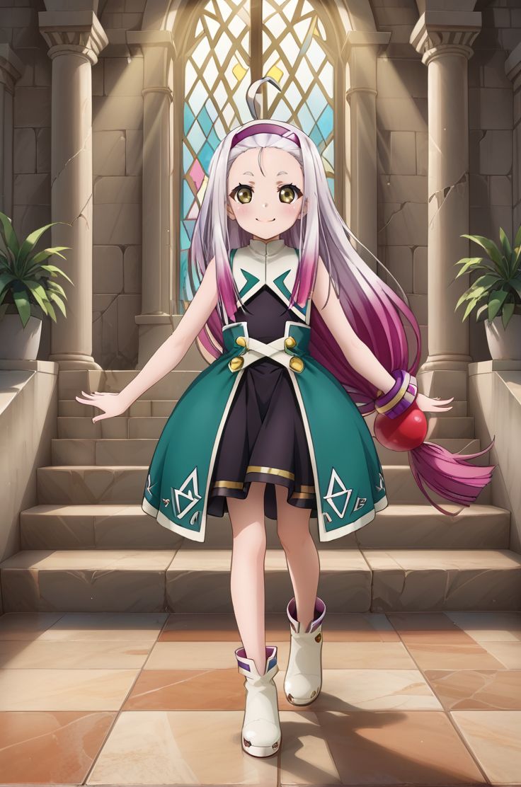 <lora:add-detail-xl:1>source anime, detailed, official art, masterpiece,
<lora:HandFineTuning_XL:1>
BREAK,
indoor, mansion, stairs, light beams, god rays,  post-apocalyptic, broken wall, sky, vegetations, overgrown plants, (from side:0.7),
standing, smile, (open smile:0.6), full body,
BREAK,
<lora:poisson_pdxl_v03:0.8>poisson, multicolored hair, very long hair, small eyebrows, purple highlights, yellow eyes, ahoge, silver hair, hairband, forehead, black dress, white footwear, bracelet, , light smile, green waist cape