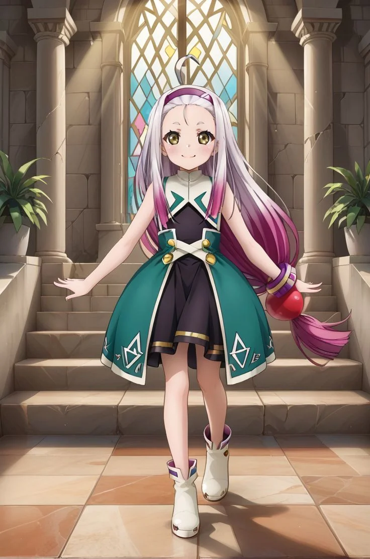 <lora:add-detail-xl:1>source anime, detailed, official art, masterpiece,
<lora:HandFineTuning_XL:1>
BREAK,
indoor, mansion, stairs, light beams, god rays, post-apocalyptic, broken wall, sky, vegetations, overgrown plants, (from side:0.7),
standing, smile, (open smile:0.6), full body,
BREAK,
<lora:poisson_pdxl_v03:0.8>poisson, multicolored hair, very long hair, small eyebrows, purple highlights, yellow eyes, ahoge, silver hair, hairband, forehead, black dress, white footwear, bracelet, , light smile, green waist cape