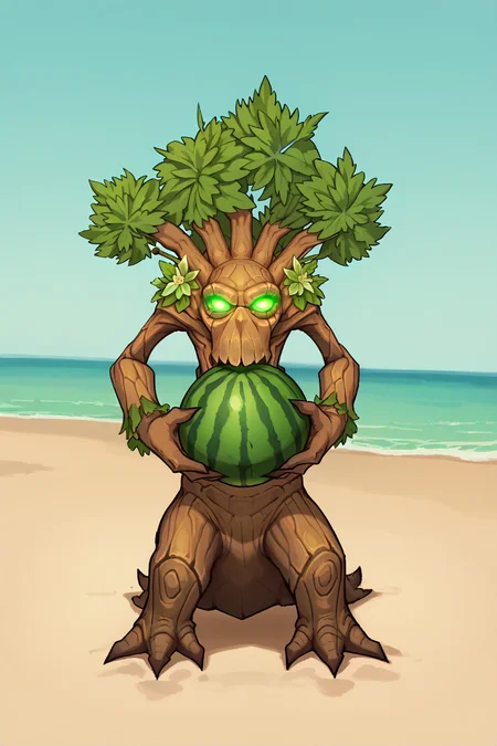 score_9, score_8_up, score_7_up, BREAK solo, <lora:NSTreantWoW:1> NSTreantWoW, brown skin, green eyes, glowing eyes, green hair, short hair, monster, beach, holding watermelon