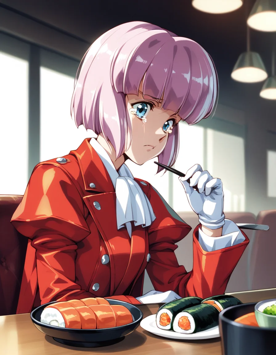 score_9, score_8_up, score_7_up
<lora:diana-silverneil-000030:1> diana silverneil, gloves, long sleeves, pleated skirt, red skirt, puffy sleeves, red coat,
1girl, solo, upper body, tears, sushi, indoors, restaurant, dim lighting