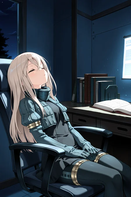 (masterpiece, best quality:1.2), amazing quality, very aesthetic, absurdres, perfect detail,
indoors, dormiroey, desk, chair, night, book,
sitting, leaning back, sleeping, hand on lap, holding book, looking up, closed eyes, parted lips,
solo, u-511 \(pump\), military uniform, no headwear, cropped jacket, puffy sleeves, long sleeves, gloves, black dress, black pantyhose,
<lora:XL_Ill_kancolle-u511(pump)-t2:0.9>