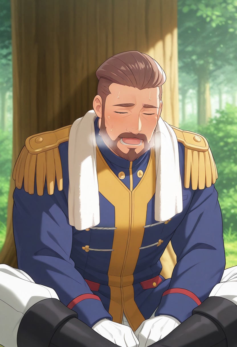 solo, masterpiece, detailed, uwa, huge filesize, ultra hd, best quality, male focus, (absurdres, highres), 1boy, official art, bright, LeopoldAuvergne, brown hair, short hair, hair slicked back, forehead, aqua eyes, thick eyebrows, beard, mustache,  adult, mature, military jacket, blue jacket, long sleeves, double-breasted, epaulettes, fringe trim, gold trim, white gloves, white pants, black boots,
 solo, dinamic angle, resting, sitting on the ground, Indian style, under the shade of a tree, towel around neck, exhausted, (panting, out of breath, gasping for air, sweating)
