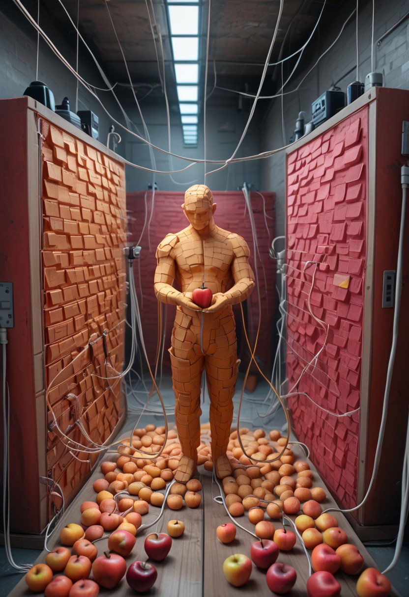 end_tripwire_morph, no humans, hand focus, body part made of electrical cables, an electrical cable sculpture of a hand holding an apple, indoors, wires, made of wires, cables, outlined with wires, wire sculpture, neon wire sculpture, gradient overlay, PonyXLV6_Scores