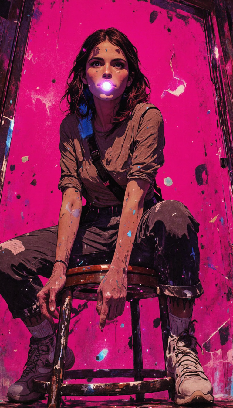 crayon,glow, A young woman with a whimsical air, perched upon a stool, exudes an aura of nonchalant cool. Her pose, a study in contrasts â relaxed yet poised, casual yet captivating.  Capture the scene with a dynamic three-quarter shot, emphasizing the interplay of light and shadow, the glossy sheen of blown bubble gum catching the light.  The background, a vibrant magenta,  should bleed slightly into the foreground, hinting at the fluidity of the moment. Imagine the subtle scent of bubblegum and the faint hum of city life in the air.