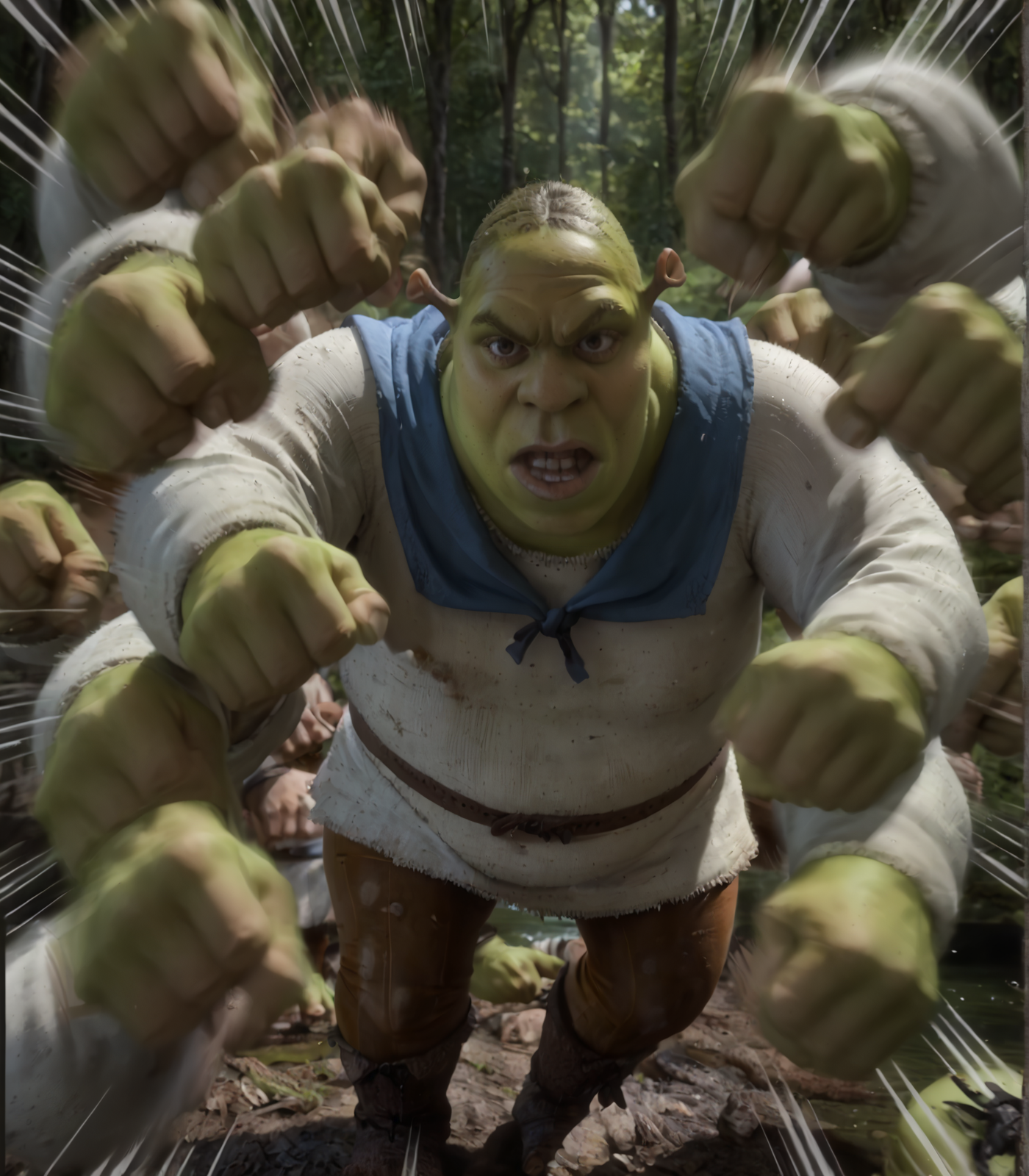 score_9, score_8_up, score_7_up, ultra realistic, Shrek, fat, medieval, swamp background, fantasy, <lora:Shrek_XLPD:1>, looking at viewer, serafuku,fighting_stance, rushpunch, punching, multiple hands, clenched fists, (motion_blur:1.2), (motion line:1.1), speed_lines, <lora:rushpunchXLpony002:1>, solo