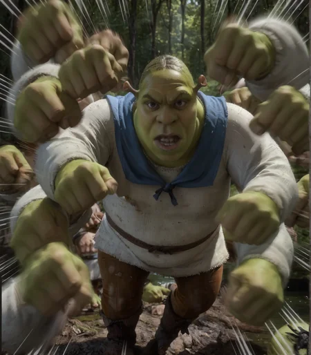 score_9, score_8_up, score_7_up, ultra realistic, Shrek, fat, medieval, swamp background, fantasy, <lora:Shrek_XLPD:1>, looking at viewer, serafuku,fighting_stance, rushpunch, punching, multiple hands, clenched fists, (motion_blur:1.2), (motion line:1.1), speed_lines, <lora:rushpunchXLpony002:1>, solo