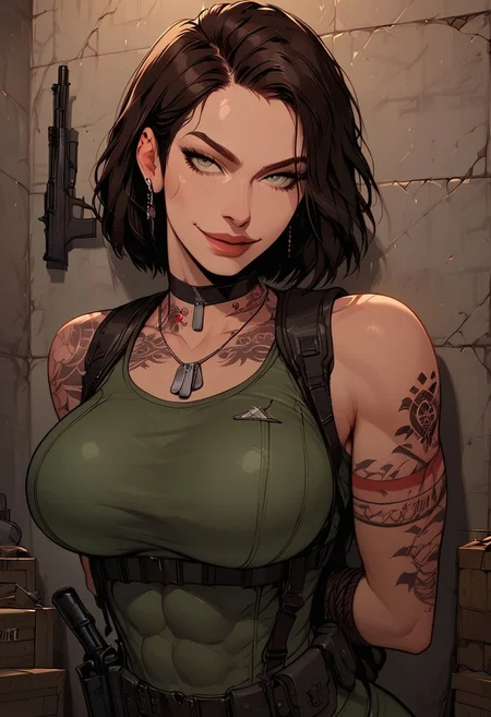 Score_9, Score8_up, Score_7_up, (((High Resolution, Best Quality))), 
1girl, solo, toned arms, Covered in Tattoos, neck tattoos, hair tied up, 
revealing bodysuit, tactical, military gear, large breasts, choker, dog tags, ear piece, resident evil, 
seducing, seductive, flirty, tender, loving, playful, looking at viewer, smug, 
Leaning against wall, holding gun, inspecting gun,  
inside, Military, military base, military barracks, cots, crates, military boxes, guns, bullets, supplies,