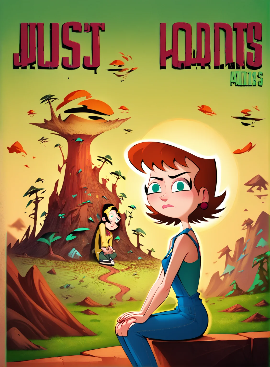 score_9,score_8_up,score_7_up,score_6_up,score_5_up, source_cartoon, LilaTest, Brown Hair, (from side, looking at viewer), green eyes, earrings, short hair,  <lora:Jo001:1>, (Fiery Orange)(Mock neck halter top with a plunging keyhole cutout. :1.2), (Deep Plum)(Denim overalls with adjustable straps.), (Floating Islands with Sky Gardens :1.2),   (Sitting, hands clasped over knee), (skeptical face), chapter cover, flat color