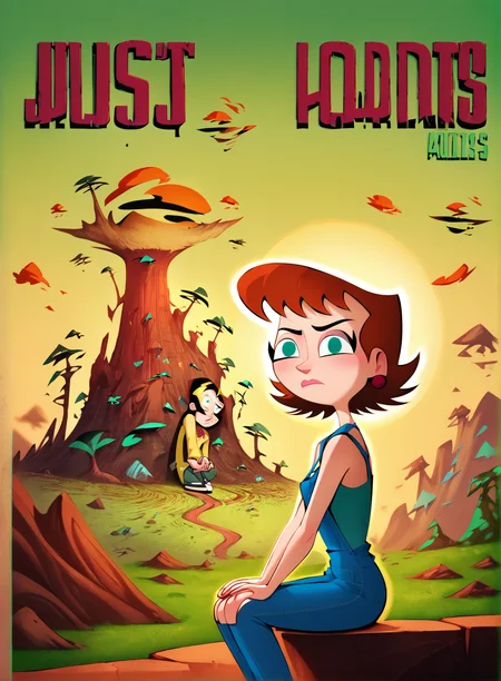 score_9,score_8_up,score_7_up,score_6_up,score_5_up, source_cartoon, LilaTest, Brown Hair, (from side, looking at viewer), green eyes, earrings, short hair, <lora:Jo001:1>, (Fiery Orange)(Mock neck halter top with a plunging keyhole cutout. :1.2), (Deep Plum)(Denim overalls with adjustable straps.), (Floating Islands with Sky Gardens :1.2), (Sitting, hands clasped over knee), (skeptical face), chapter cover, flat color
