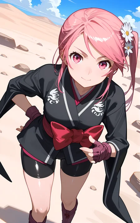 (score_9, score_8_up, score_7_up), standing, leaning forward, looking at viewer, light smile, closed mouth, shiny skin, tight clothes,
ohwx, 1girl, solo, side_ponytail, pink_hair, pink_eyes, bow, long_hair, hair_flower, flower,
japanese_clothes, fingerless_gloves, gloves, kimono, black_kimono, bike_shorts, boots,
desert,
cowboy shot, dutch angle, close-up,
<lora:benitsubasa_pony_ss:1>