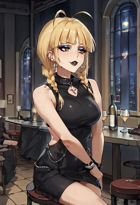 Score_9,score_8_up,score_7_up,score_6_up,source_anime,detail,1girl,solo,neon glow,BREAK
GothicC, makeup, lipstick, mascara, black nails, tattoo, black lips, wide lips,  BREAK
akzkrtk,long hair, (blonde hair),(twin braid,bangs:1.1), antenna hair,((no glasses)),brown eyes, BREAK 
(the whole body is sweaty:1.2), (steam on the body),((jet-black skin)),  BREAK
(indoors:1.1),(night:1.4),(cowboy shot:1.2), Dutch Angle Shot, (dynamic angle:1.2), (dynamic pose:1.2), face focus, eyes focus, (sitting, beside Bar counter,), holding wine,  BREAK
ruanyi0729,indoors,bar \(place\), BREAK
ruanyi1005,backless dress,black dress,sleeveless,turtleneck,short dress,tight dress,cross-laced clothes, BREAK
Expressiveh,horny face,((seduce)),seduce smile, mouth close, BREAK
OverallDetail,Frontlight,