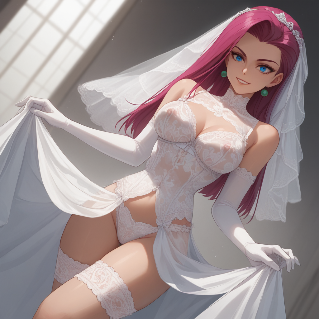 score_9, score_8_up, score_7_up,source_anime, BridallingerieXL, high res image, masterpiece, best quality,high detailed,very aesthetic, absurdres, BREAK, Jessie\(Pokemon\), 1woman, cute face,clear skin,shiny hair,ultra detailed eyes,(black_hair:1.5),(long_hair),blue_eyes, bare_shoulders,revealing_clothes, bridal_lingerie, bridal_veil, bridal_garter, elbow gloves, white ribbon, white silk, see-through,light_smile, cowboy_shot, dutch_angle,