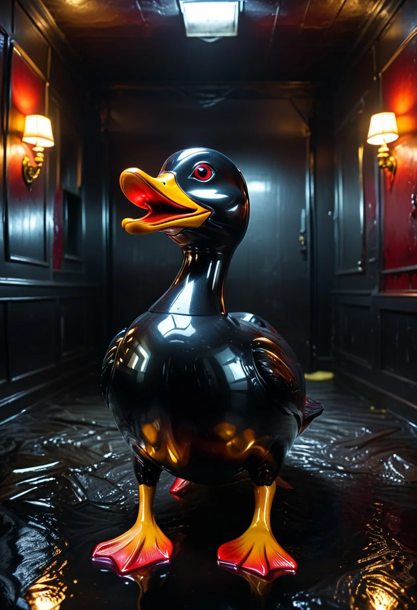 high detail, high quality, dramatic lighting, SFW, PG, detailed background, masterpiece, Graphic details, perfect design, shnywrld, shiny, inside, room, dark light, Dark, detailed Background, a Shiny latex duck with sharp teeth, Horror scene, Glowing red eyes, long pointed tongue,