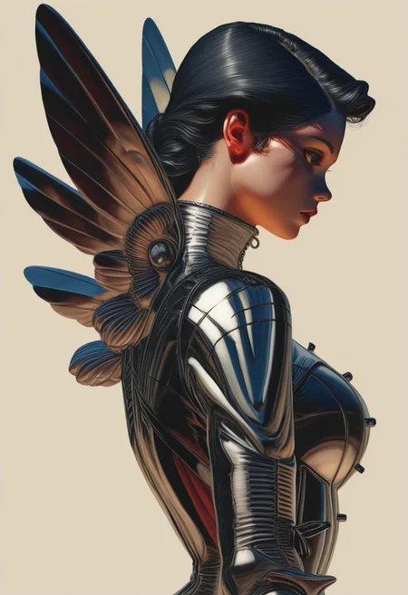 masterpiece, best quality,ArsMJStyle, Colored pencil hyperdetailed realism
1girl, solo, standing straight pose,
black and white urban futuristic oversized clothing, exaggerated asymmetrical designs, bold sharp lines,
oversized sneaker boots, street-ready, avant-garde,
chrome wings fully extended, metallic sheen, intricate details, poised to take off,
contrast between sleek urban attire and futuristic wings, powerful visual,
poised confident stance,
minimalistic background, accentuating bold presence and futuristic aesthetic,
high-quality, hyper-realistic digital art portrait, detailed textures, sharp lighting, dynamic shadows