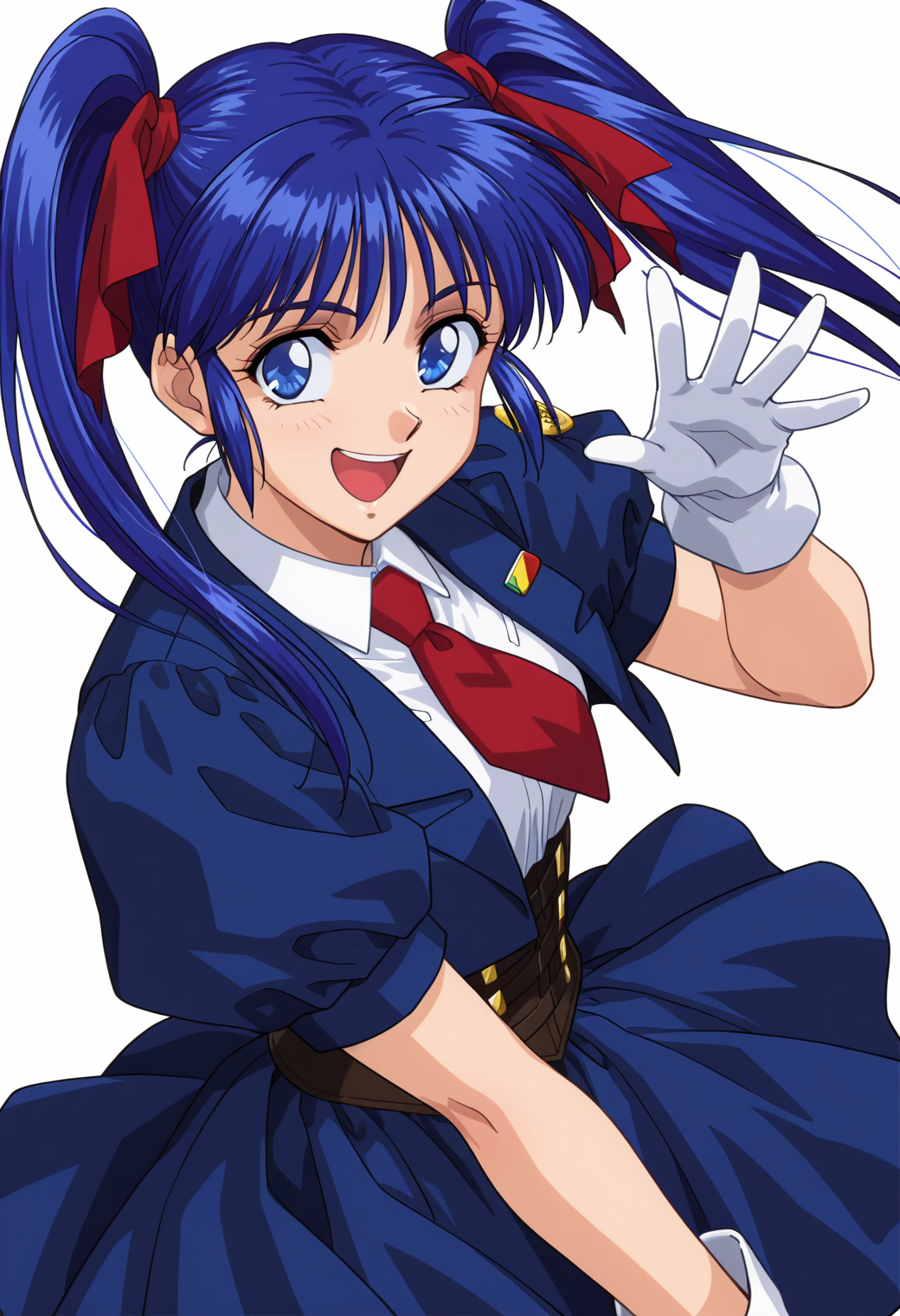 masterpiece, best quality, very aesthetic, absurdres, 1girl, solo, 1990s \(style\),
<lora:mio_sasuga_v01:0.9>, mio_sasuga, blue hair, long hair, twintails, blue eyes,
hair ribbon, uniform, short sleeves, juliet sleeves, red necktie, corset, white gloves, skirt, smile, posing, open mouth,