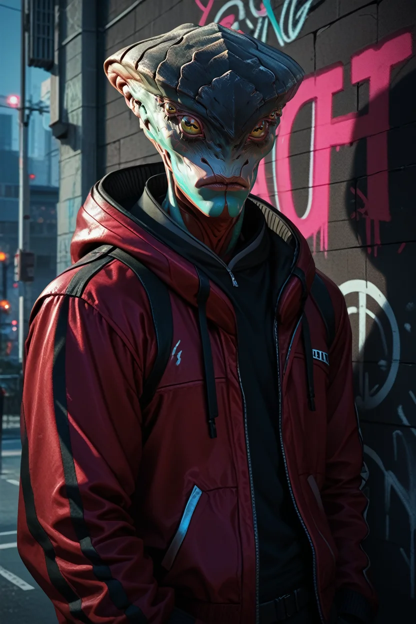 score_9, score_8_up, score_7_up,
<lora:MEJavik:0.8>
MEJavik, 1boy, alien, extra eyes, looking at viewer, Under a neon-lit city sign, edgy streetwear ensemble, nighttime ambiance, leaning against a graffiti-covered wall with a cool and collected attitude