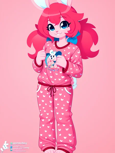 score_9, score_8_up, female, solo, full body, digital art, highly detailed, <lora:reverie:1.0> reverie, bunny girl, furry, pink body, pink hair, rainbow pajamas, <lora:whygena_artstyle:1.15>