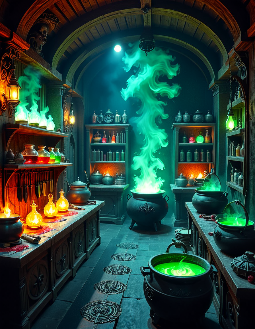 Hidden deep within the necromancerâs infernal domain lies a nightmarish kitchen, a grotesque fusion of alchemical laboratory and sacrificial chamber. The walls are carved from blackened bone and obsidian, pulsating faintly with necrotic energy. Faint green flames flicker in sconces made from twisted skeletal hands, casting eerie shadows across the macabre workspace. The air is thick with the scent of decay, ash, and something far worseâan indescribable aroma of corruption and dark magic.
At the center, a massive butcherâs table, scarred and stained with centuries of dried blood, serves as the primary workstation. Rusted, jagged knives, bone saws, and crude flesh-carving tools hang from hooks, their edges glistening with fresh remnants of something recently prepared. Nearby, grotesque cauldrons bubble with viscous, unnatural liquidsâblack ichor, boiling crimson blood, and glowing green elixirs swirl together, each concoction releasing haunting whispers as if infused with trapped souls.
Suspended from the ceiling, enormous iron hooks hold skinned carcassesâsome humanoid, others unrecognizable abominations stitched together from various creatures. Skeletal constructs, animated by unseen forces, mindlessly tend to the kitchen, stirring bubbling cauldrons and grinding unknown ingredients into fine powders using ancient, rune-etched mortars and pestles.
Along the walls, towering shelves hold disturbing "ingredients" sealed in glass jars: floating, disembodied eyes that track movement, severed hands that twitch sporadically, and writhing black worms that exude a thick, putrid slime. Bundles of dried, withered herbsâsome glowing faintly with infernal energyâhang from the rafters, alongside strips of preserved flesh, their origins best left unspoken.
In one corner, a massive, rune-inscribed oven burns with an unnatural, ghostly blue flame. The heat does not come from firewood but from the tormented souls bound within, their agonized wails fueling its endless infernal blaze. A massive iron cauldron sits atop a cracked stone hearth, where a thick, bubbling stew churnsâits surface occasionally breaking as something beneath struggles, clawing weakly before sinking back into the depths.
This is not a place for feastingâit is a workshop of the grotesque, where ingredients are harvested, flesh is repurposed, and the very essence of undeath is distilled into unholy nourishment. No living creature eats hereâonly the dead, the damned, and the things that should not be.
Style & Mood :
- Dark fantasy, gothic horror, necromantic aesthetics
- Cinematic, high-detail, eerie lighting
- Infernal atmosphere, filled with shadows, glowing green and crimson energy, and grotesque details
- Inspired by the works of ZdzisÅaw BeksiÅski, H.R. Giger, and dark medieval sorcery
<lora:SDXLFaeTastic2400:0.4> <lora:extremely_detailed:0.4> extremely detailed, <lora:mysterious_4lch3my_sh0p:1> mysterious 4lch3my sh0p <lora:nightmarish_k1tch3n:1>,nightmarish k1tch3n, Masterpiece,best quality,hi res,8k,hi res,8k,award winning,(sharp focus, intricate, highly detailed),