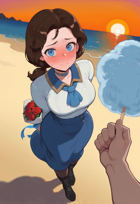 masterpiece, best quality, amazing quality, very aesthetic,absurdres, high resolution, elizabethwaifuIL, brown hair, blue eyes, looking at viewer,shirt, skirt, brown hair, white shirt,choker, short ponytail, black footwear, pantyhose, cross-laced footwear, boots, low ponytail, collar, blue skirt, neckerchief, ascot,long skirt, dynamic pose, blue ascot, embarrassed, blus happy, arms behind back, beach, evening, horizon, sunset, pov hand, holding bouquet, red rose, from above, cotton candy, holding candy, <lora:Elizabeth_IL:0.9> <lora:ButtKnight_IL:1> bkstyle