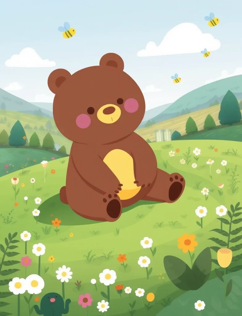 This digital drawing features a friendly, chubby brown bear with a sweet, playful expression and a small yellow belly. The bear sits upright in a lush, green meadow dotted with scattered wildflowers and patches of ferns. The background showcases a soft, pastel-hued landscape with gentle rolling hills and faint trees, under a clear blue sky with a few fluffy clouds and tiny, vibrant, cartoon-style bees and butterflies flitting about. The art style is whimsical and childlike, with smooth textures and a soft, watercolor-like feel, evoking a sense of wonder and innocence.
high quality, best aethestic, best composition