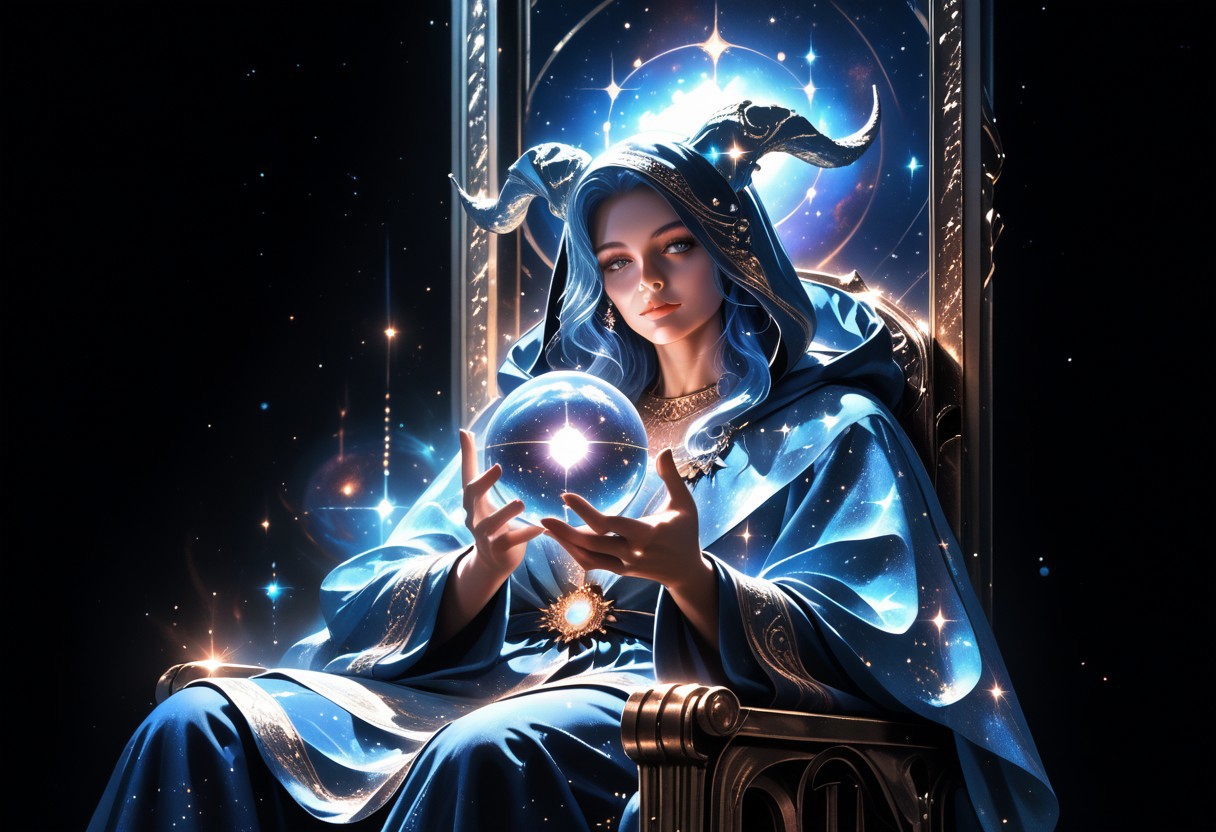 high quality, score_9, score_8_up, source_7_up, very aesthetic, high resolution, newest, depth of field, volumetric lighting, (masterpiece, best quality, ultra-detailed, High detailed), beautiful face,  absurdres, masterpiece, best quality, amazing quality, masterpiece,best quality,amazing quality, 8k, 
BREAK 
boy, blue hair, ethereal horns, curved horns, adult face,
druid robe, flowing robes, glowing runes around person,
sitting, orb, throne, crystal ball, chair, hooded cloak, robe, hood up, solo, hand holding orb,
galaxy inside orb, levitating, stardust,
surreal, detailed, rich_color_palette, light_and_dark, arcane, atmospheric, dreamlike, otherworldly, fantastical, galaxy,
dark background, night sky,