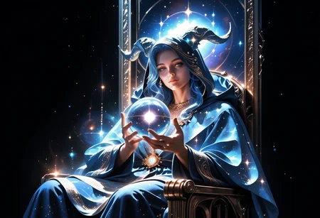 high quality, score_9, score_8_up, source_7_up, very aesthetic, high resolution, newest, depth of field, volumetric lighting, (masterpiece, best quality, ultra-detailed, High detailed), beautiful face, absurdres, masterpiece, best quality, amazing quality, masterpiece,best quality,amazing quality, 8k,
BREAK
boy, blue hair, ethereal horns, curved horns, adult face,
druid robe, flowing robes, glowing runes around person,
sitting, orb, throne, crystal ball, chair, hooded cloak, robe, hood up, solo, hand holding orb,
galaxy inside orb, levitating, stardust,
surreal, detailed, rich_color_palette, light_and_dark, arcane, atmospheric, dreamlike, otherworldly, fantastical, galaxy,
dark background, night sky,