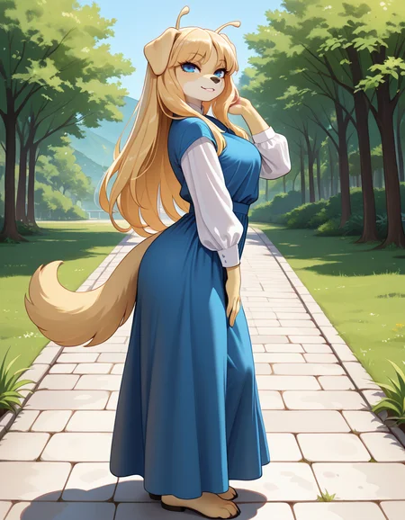 masterpiece, best quality, very aesthetic, absurdres,
outdoors,
full body, posing,
seductive smile, parted lips, long eyelashes,
<lora:Zharar_v01_NAIXL:1>
Zharar,1girl,solo,furry,furry female,dog girl,blonde hair, long hair,dog ears,antennae,blue eyes,snout,animal nose,body fur,two-tone fur,dog tail,