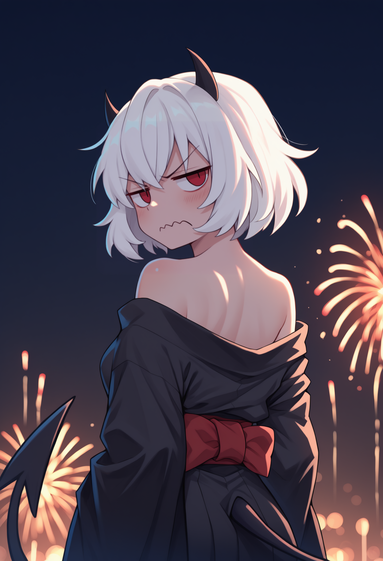 anime, masterpiece, best quality, newest, from behind, solo, 1girl, mal1na, black tail, demon tail, wavy mouth, looking back, short hair, white hair, black horns, demon horns, red eyes, jitome, v-shaped eyebrows, japanese clothes, black kimono, off shoulder, red sash, bare shoulders, outdoors, night, fireworks
<segment:yolo-face_yolov8m.pt,0.4,0.5//cid=1>