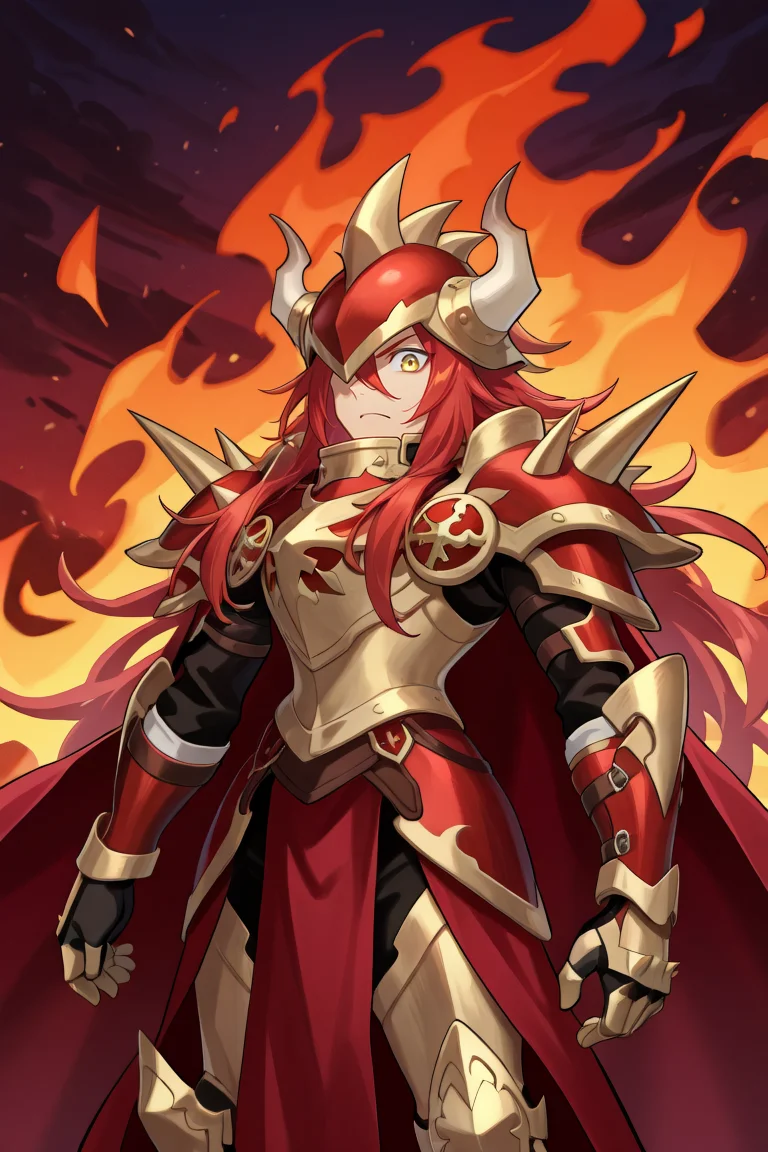 <lora:GulcasaIL:0.8> , guldef, (1boy), red hair, long hair, hair between eyes, yellow eyes, armor, full armor, spikes, shoulder armor, one eye covered, horned helmet, spiked helmet, horned headwear, shoulder spikes, cape, red cape, pauldrons, gauntlets, greaves, cowboy shot, serious expression, looking at viewer, night, flaming background solo, masterpiece, very aesthetic, absurdres, best quality, amazing quality, high resolution, detailed background, <lora:illustrious_quality_modifiers_masterpieces_v1:0.8> , <lora:ChamIllustriousBackgroundEnhancer:0.5>