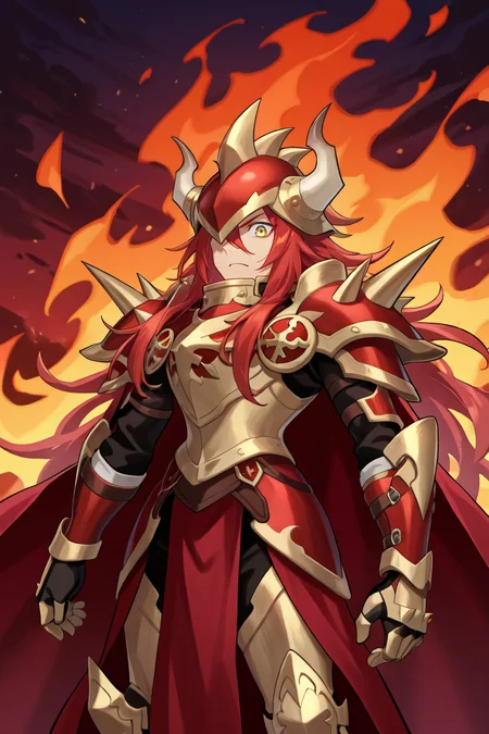 <lora:GulcasaIL:0.8> , guldef, (1boy), red hair, long hair, hair between eyes, yellow eyes, armor, full armor, spikes, shoulder armor, one eye covered, horned helmet, spiked helmet, horned headwear, shoulder spikes, cape, red cape, pauldrons, gauntlets, greaves, cowboy shot, serious expression, looking at viewer, night, flaming background solo, masterpiece, very aesthetic, absurdres, best quality, amazing quality, high resolution, detailed background, <lora:illustrious_quality_modifiers_masterpieces_v1:0.8> , <lora:ChamIllustriousBackgroundEnhancer:0.5>