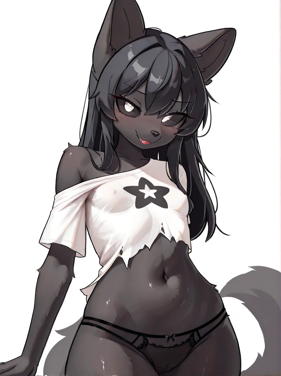 (masterpiece, high quality, best quality, 8k uhd, absurd res, very aesthetic, newest), by usagi star, solo, <lora:SamiWhisperfoot-Illus:1> anthro, female, black body, black hair, canid, wolf, black sclera, white pupils, torn clothes, white t-shirt, off shoulder, small breasts, black panties, seductive, teasing viewer,