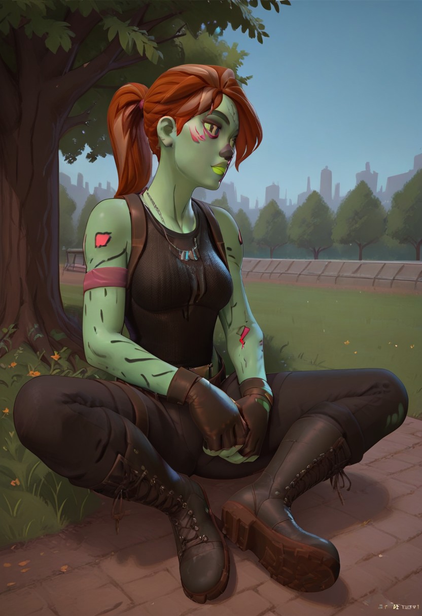 masterpiece,best quality, highly detailed, score_9, score_8_up, score_7_up, score_6_up, 
BREAK, 1girl, Gh0ulTr00per, green skin, boots, colored skin, gloves, ponytail, tank top, brown hair, tattoo, facepaint, necklace, jewelry, sit, park, outdoor, solo, spreading legs