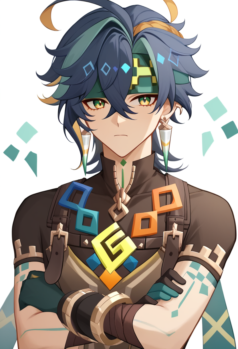 score_9,score_8_up,score_7_up,<lora:kinich_(genshin_impact):1>kinich_(genshin_impact), arm_tattoo, white_background, upper_body, headband, simple_background, male_focus, crossed_arms, 1boy, closed_mouth, black_shirt, green_gloves, earrings, black_gloves, short_sleeves, solo, looking_at_viewer