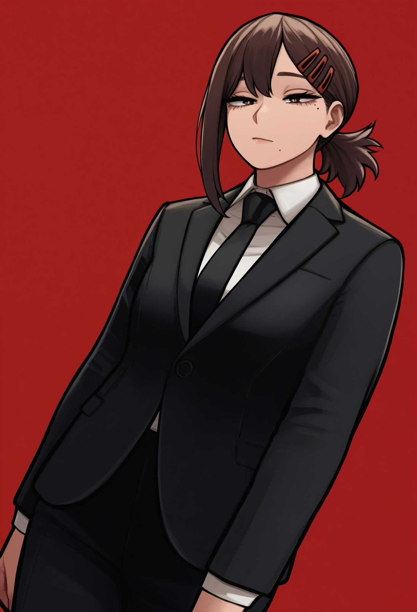 1girl, solo, red background, foreshortening, dutch angle, 
mole under eye, mole under mouth, medium hair, brown hair, single sidelock, short ponytail, hairclip, brown eyes, black jacket, suit jacket, long sleeves, white shirt, collared shirt, black necktie, black pants
masterpiece, best quality, <lora:Kohei_Horikoshi-IllustriousV102-guy90:1>, ihshok, <lora:csm_higashiyamakobeni_noobAIXL11EPS:1>, kob3nidef