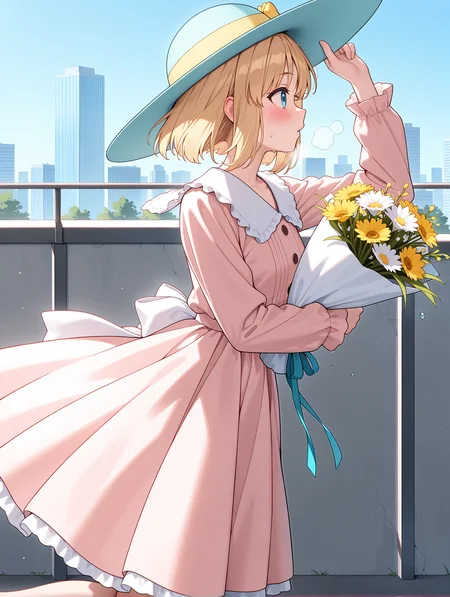 masterpiece,best quality,newest,
1girl,solo,
<lora:flower_girl_ilxl_v1.1:1>,f_g,blonde hair,short hair,blue eyes,f_hat,yellow bow,f_clothes,long sleeves,medium skirt,dress,holding bouquet,
<lora:Fixhands_anime_bdsqlsz_V1:1>,looking ahead,city,cityscape,from_side,profile,blush,heavy_breathing,sweat,running,hand on headwear,