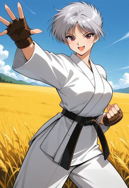 houjyou_torami, red eyes, grey hair, short hair, dougi, karate wear, black belt, martial arts belt, fingerless gloves, <lora:asuka120_houjyou_torami_illustrious_ver1:0.8>
smile, open mouth,, masterpiece, best quality, general,, 1girl, solo, (field:1.2), (blue sky:1.2), looking at viewer,, (cowboy shot, dynamic pose:1.4),